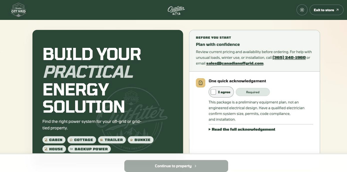 Outfitter opening page with supported property types, the planning acknowledgement, and Continue to property.