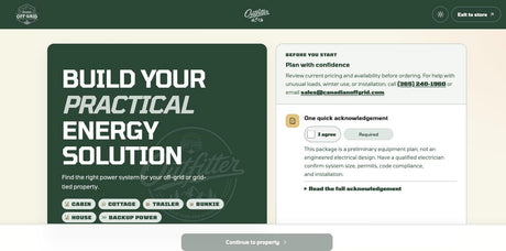Outfitter opening page with supported property types, the planning acknowledgement, and Continue to property.