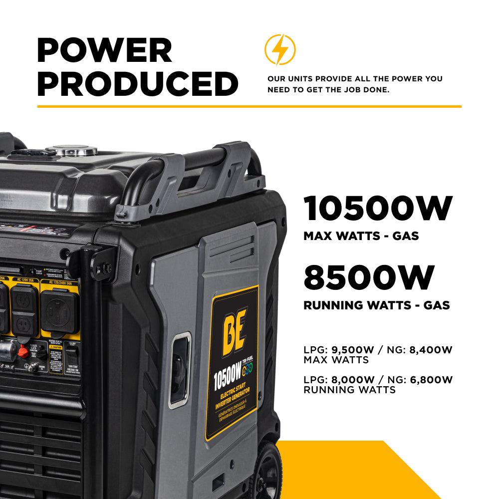 BE Power BE10500IT Tri-Fuel 10,500 Watt Digital Inverter Generator With 2 Wire Start